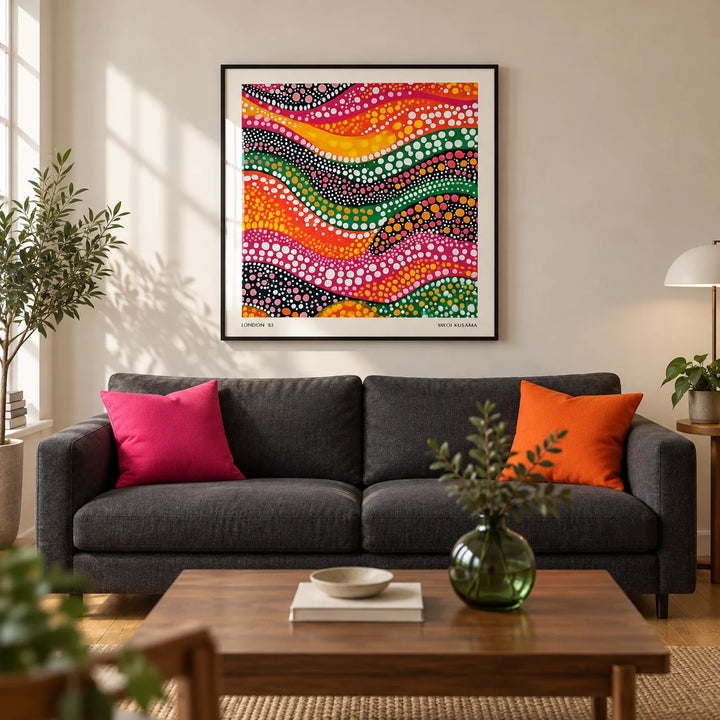 Abstract Art Colorful, framed on the wall of a design-led living room in a UK city flat with a warm white wall and oak floor