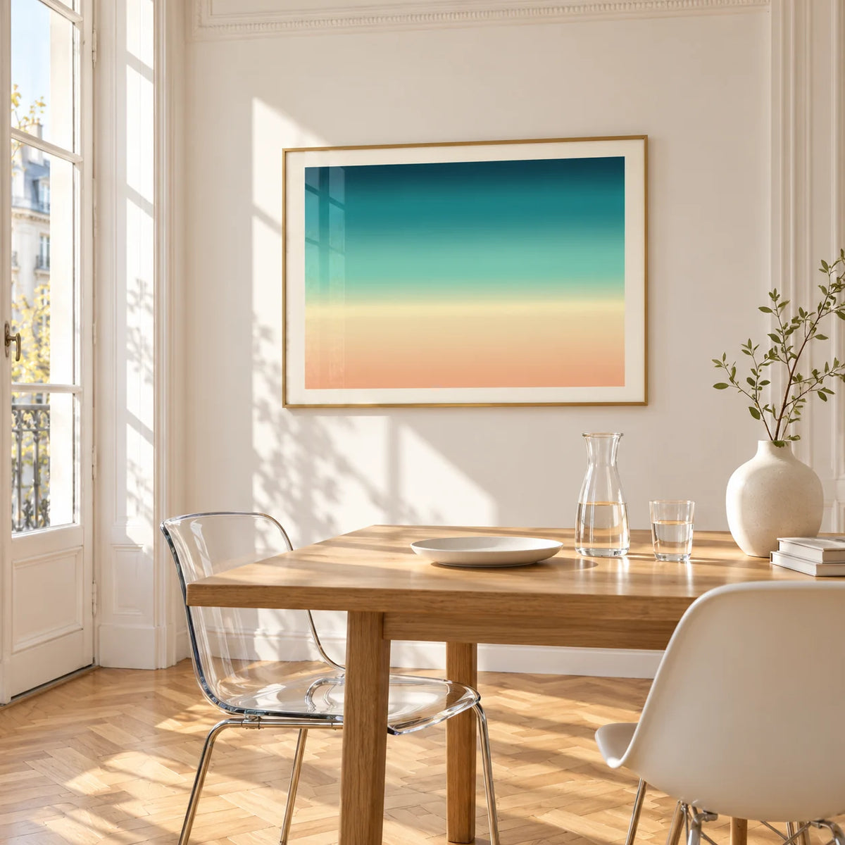 Abstract Beach Wall Art, framed on the wall of a bright dining corner