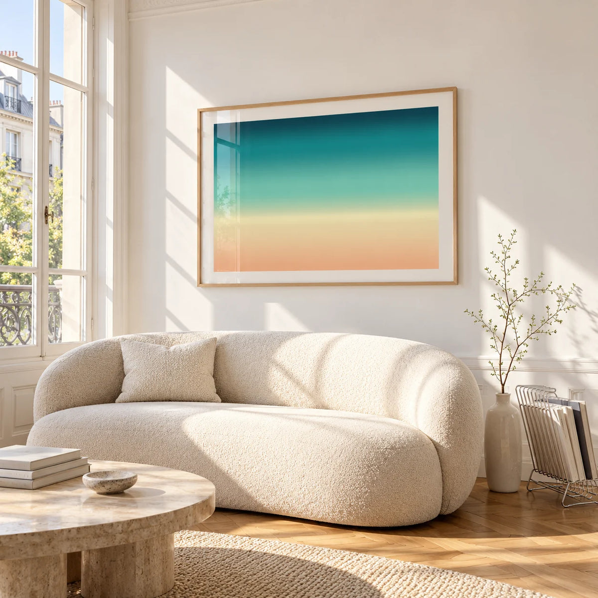 Abstract Beach Wall Art, framed on the wall of a bright living room corner