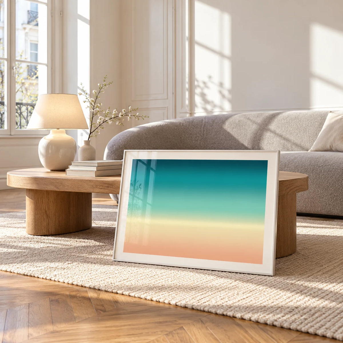 Abstract Beach Wall Art, framed and leaning against a coffee table in a bright living room