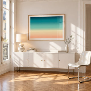Abstract Beach Wall Art, framed on the wall of a bright Paris style apartment in a living room