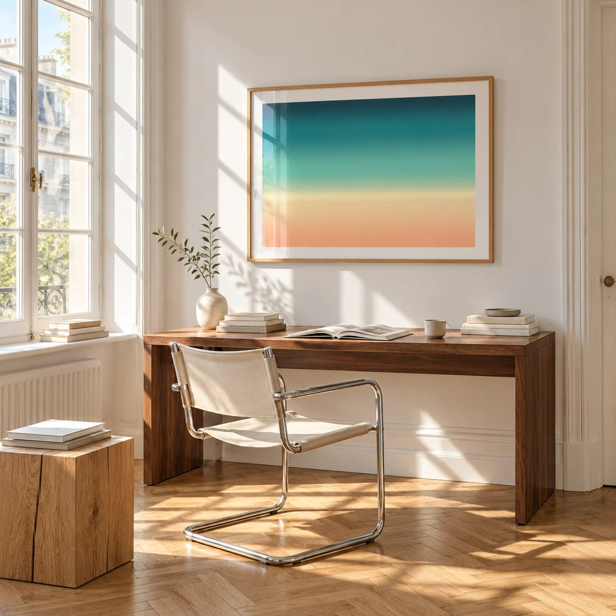 Abstract Beach Wall Art, framed on the wall of a bright study corner with a tall white paned window