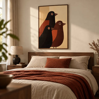Abstract Bird Wall Art, framed on the wall of a calm modern bedroom in a UK home with a warm ivory wall and walnut bedside furniture