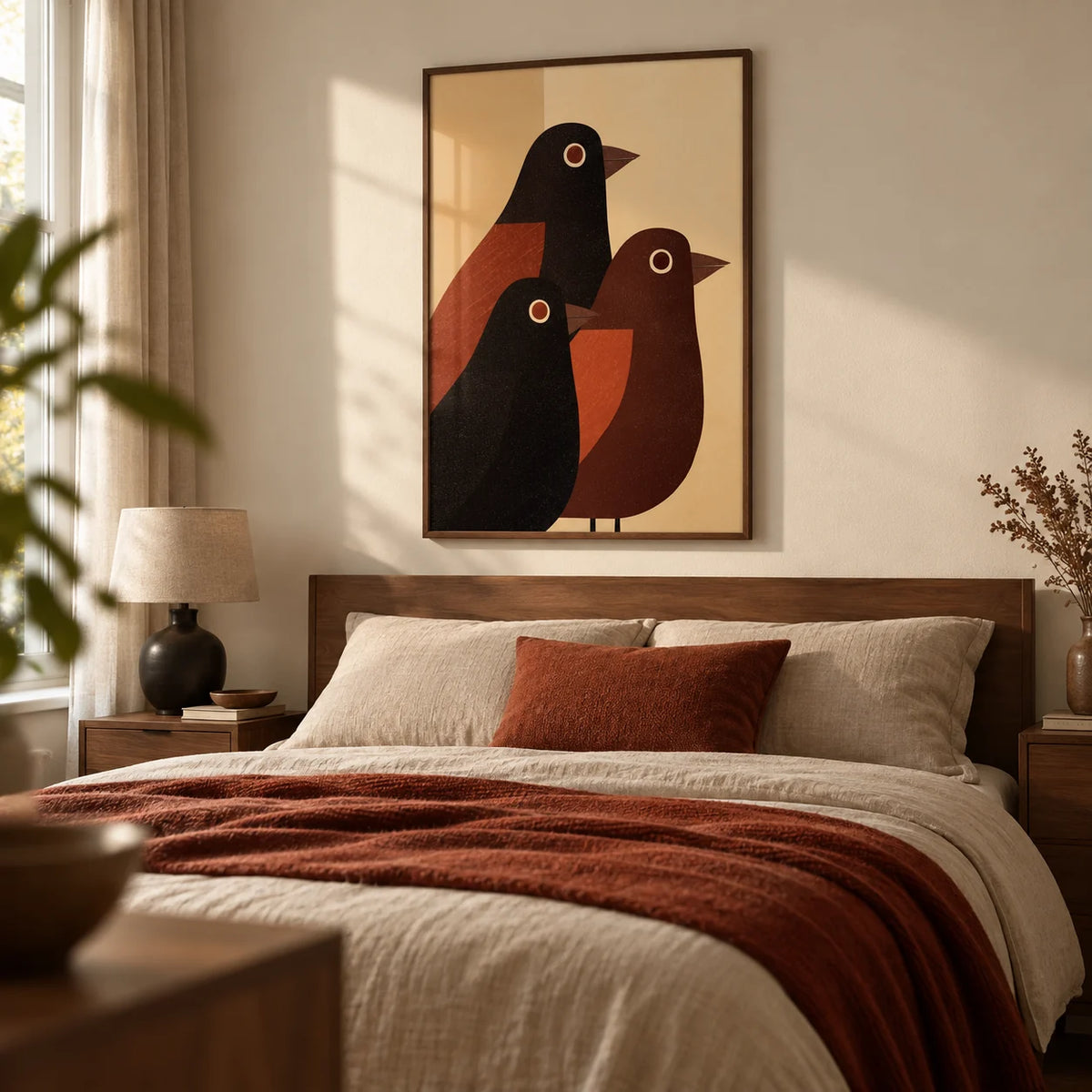 Abstract Bird Wall Art, framed on the wall of a calm modern bedroom in a UK home with a warm ivory wall and walnut bedside furniture