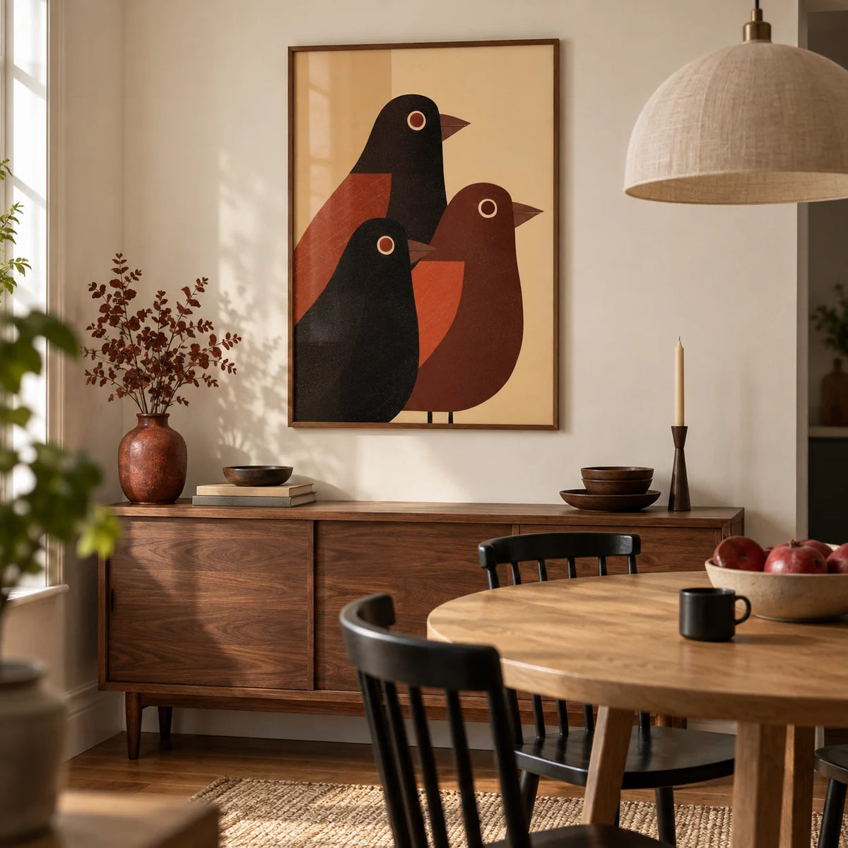 Abstract Bird Wall Art, framed on the wall of a compact modern dining room in a UK terraced house with a warm white wall