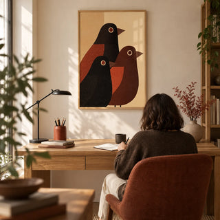Abstract Bird Wall Art, framed on the wall of a quiet contemporary home study with a pale warm beige wall and a chestnut-brown upholstered desk chair