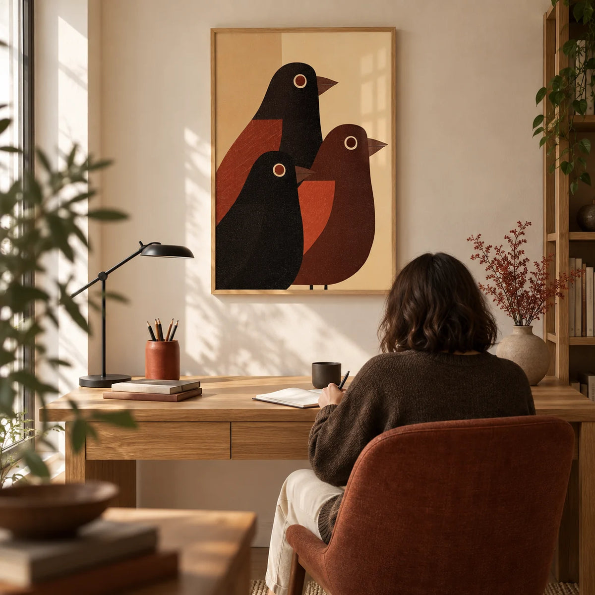 Abstract Bird Wall Art, framed on the wall of a quiet contemporary home study with a pale warm beige wall and a chestnut-brown upholstered desk chair