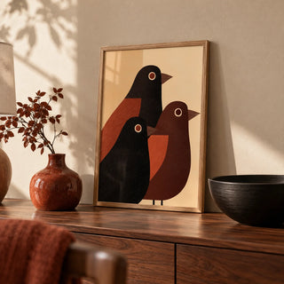 Abstract Bird Wall Art, a small A4 framed print leaning on a walnut sideboard in a living room