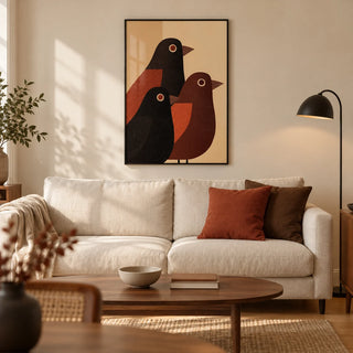 Abstract Bird Wall Art, framed on the wall of a warm modern living room in a UK flat with a pale beige wall