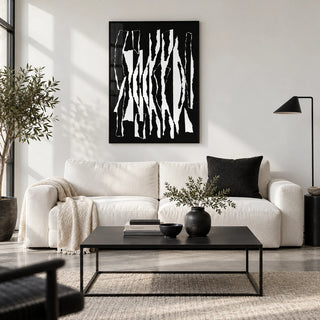 Abstract Black And White, framed on the wall of a design-led city flat living room with a white wall and a polished concrete floor