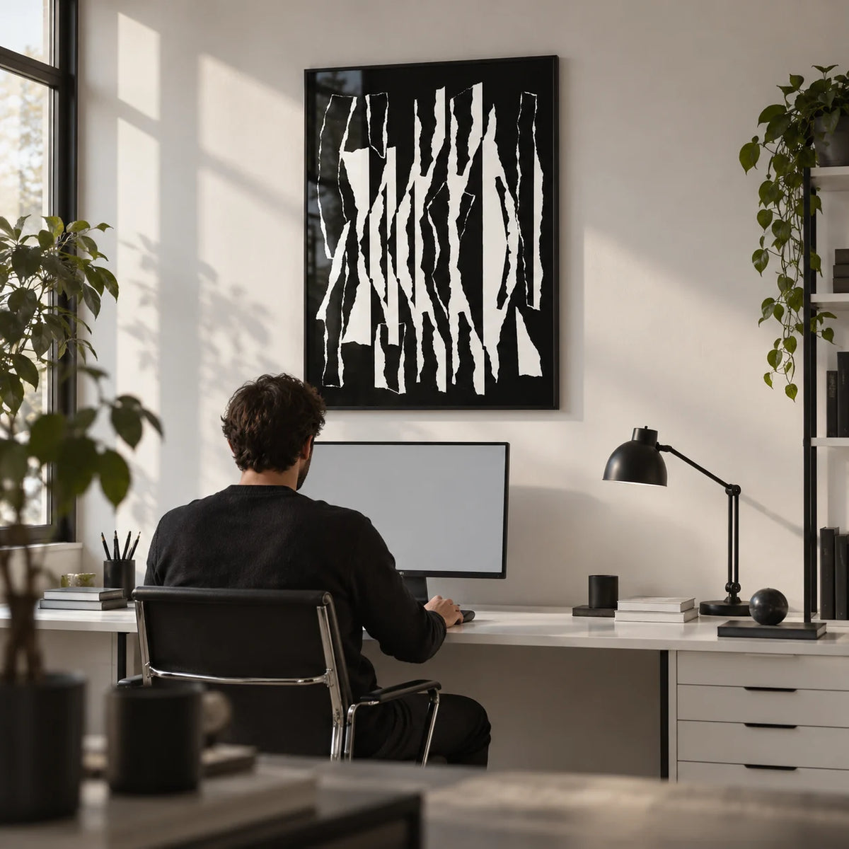 Abstract Black And White, framed on the wall of a graphic designer's home studio with a white wall in a home office