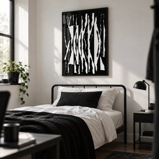 Abstract Black And White, framed on the wall of a monochrome single bedroom for a young man (18-25) with a white wall