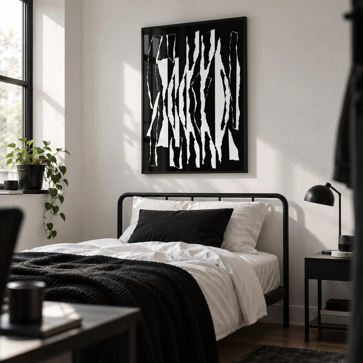 Abstract Black And White, framed on the wall of a monochrome single bedroom for a young man (18-25) with a white wall