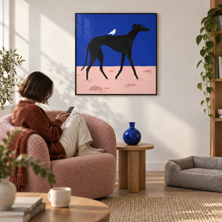 Abstract Black Dog Poster, framed on the wall of a modern living room with a white wall