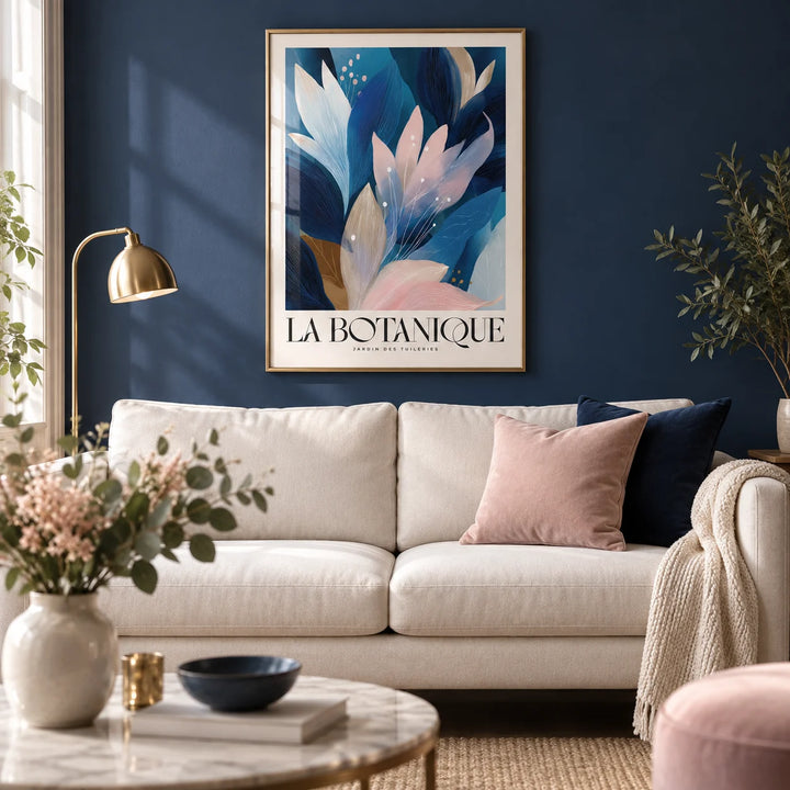 Abstract Botanical Art Print, framed on the wall of a modern living room with a plain navy wall