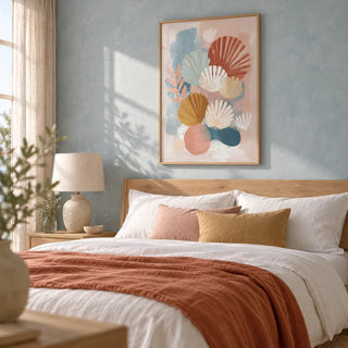 Abstract Botanical Print, framed on the wall of a calm coastal bedroom with a powder blue limewashed wall