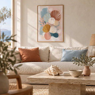 Abstract Botanical Print, framed on the wall of a calm seaside living room with plaster walls