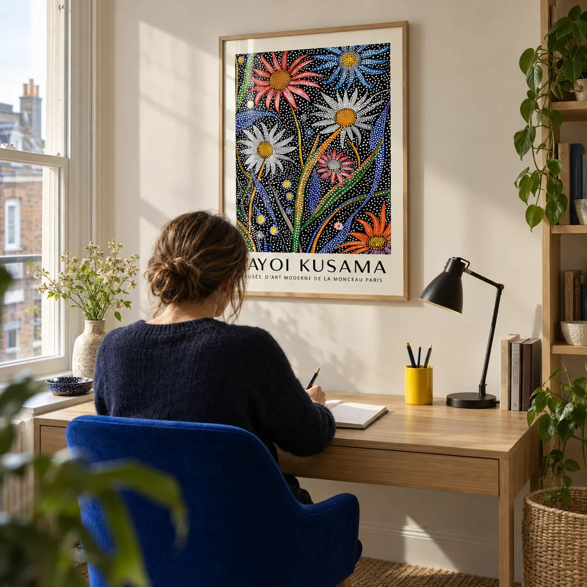 Abstract Botanical Wall Art, framed on the wall of a compact home study in a UK city flat with an ivory wall and a pale oak desk