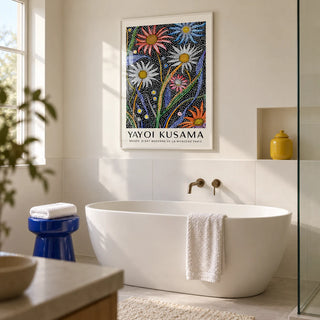 Abstract Botanical Wall Art, framed on the wall of a contemporary bathroom in a renovated UK terrace with a warm white wall and large plain white tiles
