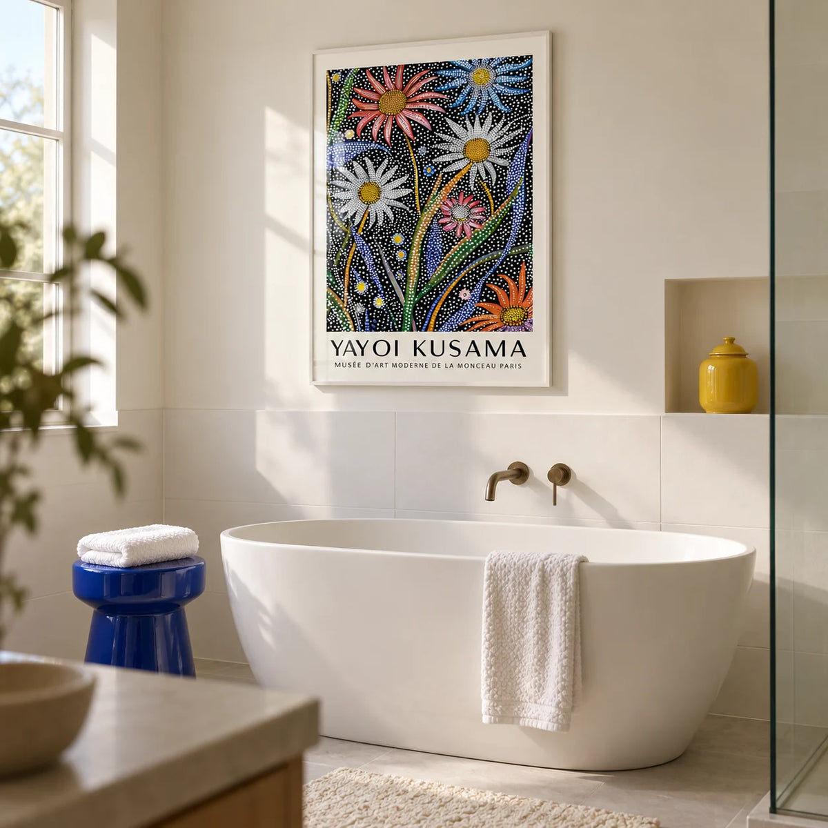 Abstract Botanical Wall Art, framed on the wall of a contemporary bathroom in a renovated UK terrace with a warm white wall and large plain white tiles