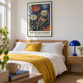 Abstract Botanical Wall Art, framed on the wall of a crisp modern bedroom in a UK flat with a soft white wall