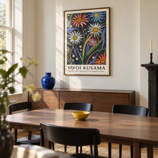 Abstract Botanical Wall Art, framed on the wall of a design-led dining room in a Victorian terrace with ivory plaster walls and a walnut dining table