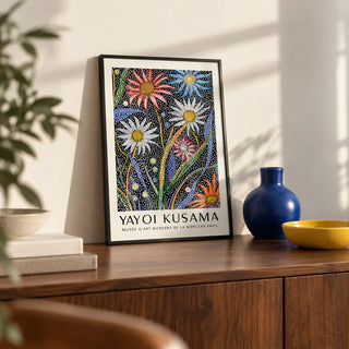 Abstract Botanical Wall Art, a small A4 framed print leaning on a walnut sideboard in a living room