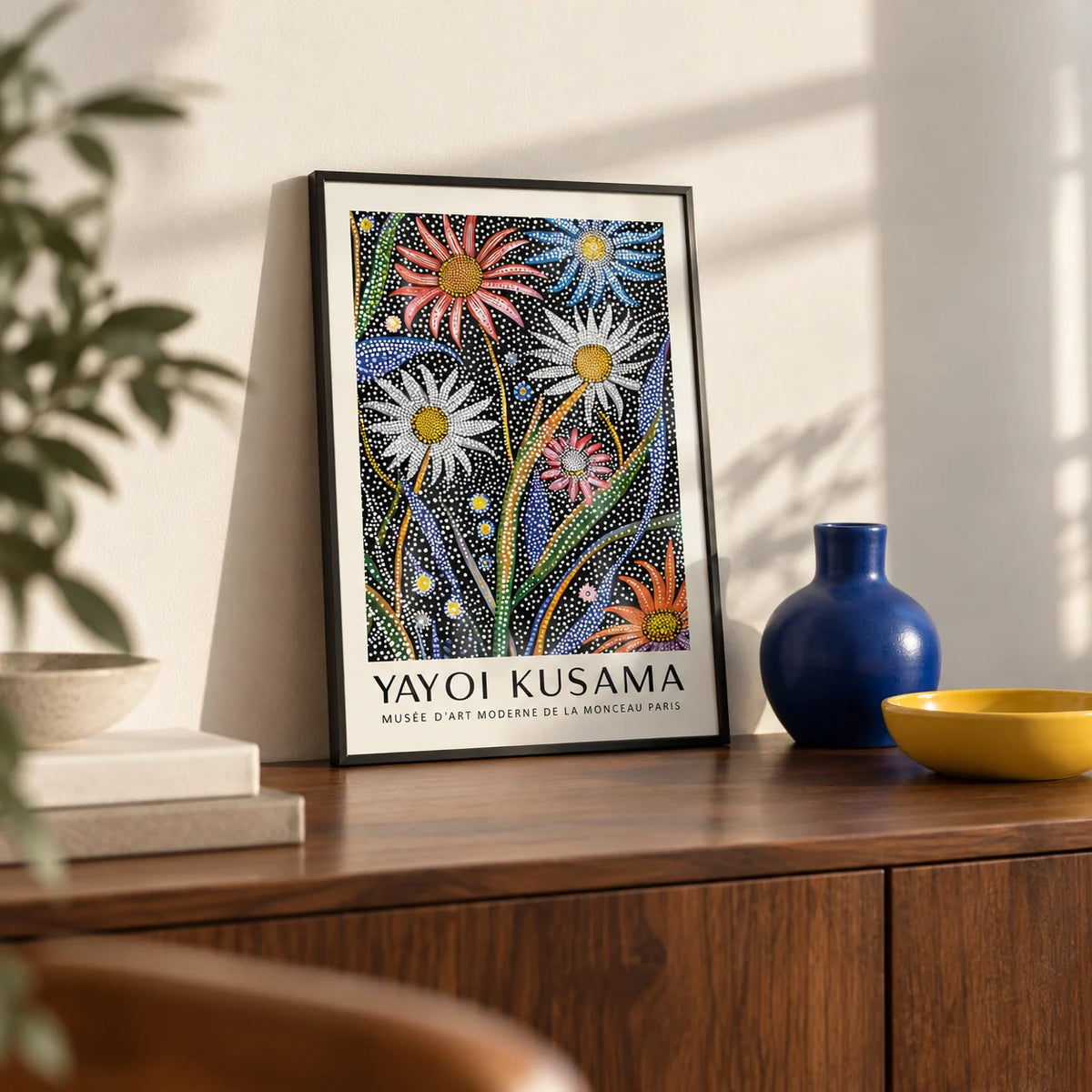 Abstract Botanical Wall Art, a small A4 framed print leaning on a walnut sideboard in a living room