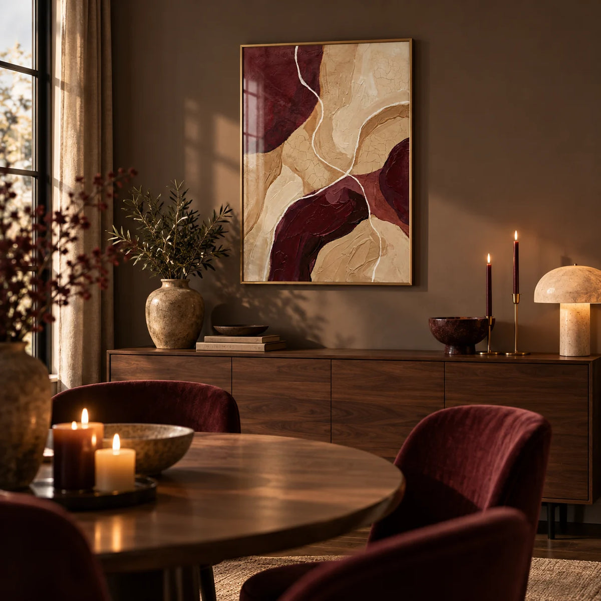 Burgundy Abstract Art, framed on the wall of a moody dining room
