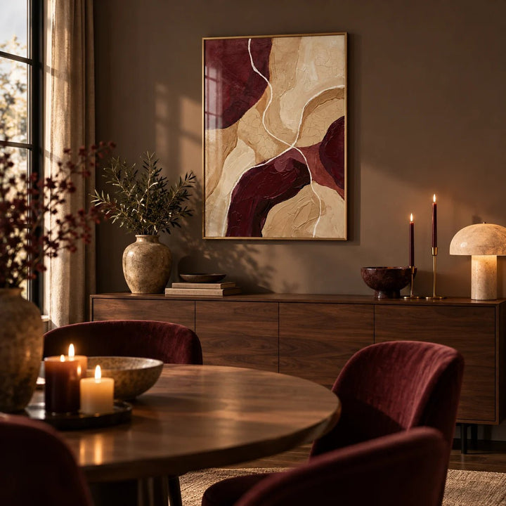 Burgundy Abstract Art, framed on the wall of a moody dining room
