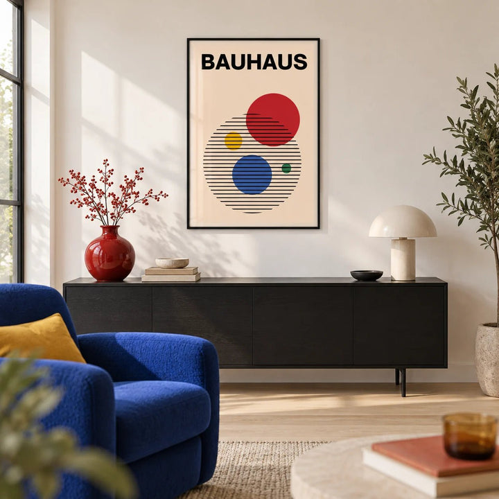 Abstract Circle Wall Art, framed on the wall of a design-led living room with a warm white wall and a pale oak floor