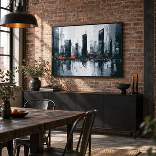 Abstract City Wall Art, framed on the wall of a industrial loft dining room with exposed brick