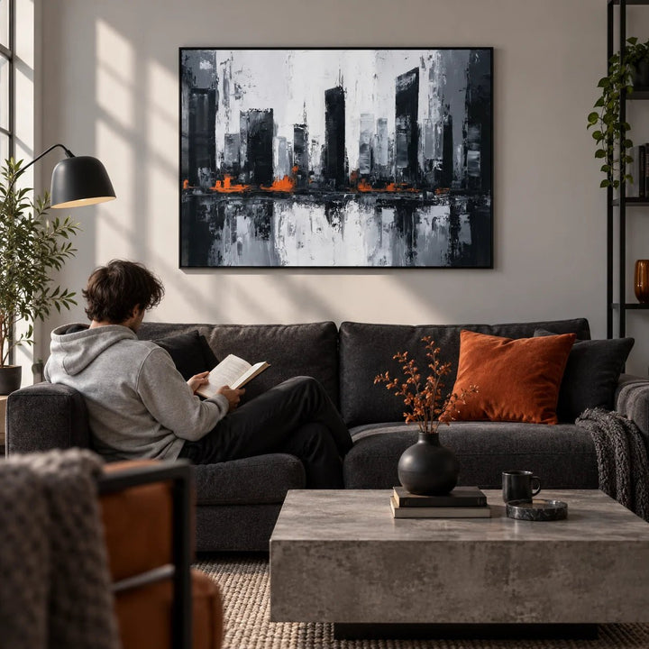 Abstract City Wall Art, framed on the wall of a modern city-flat living room