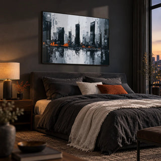 Abstract City Wall Art, framed on the wall of a moody bedroom with a dark grey wall