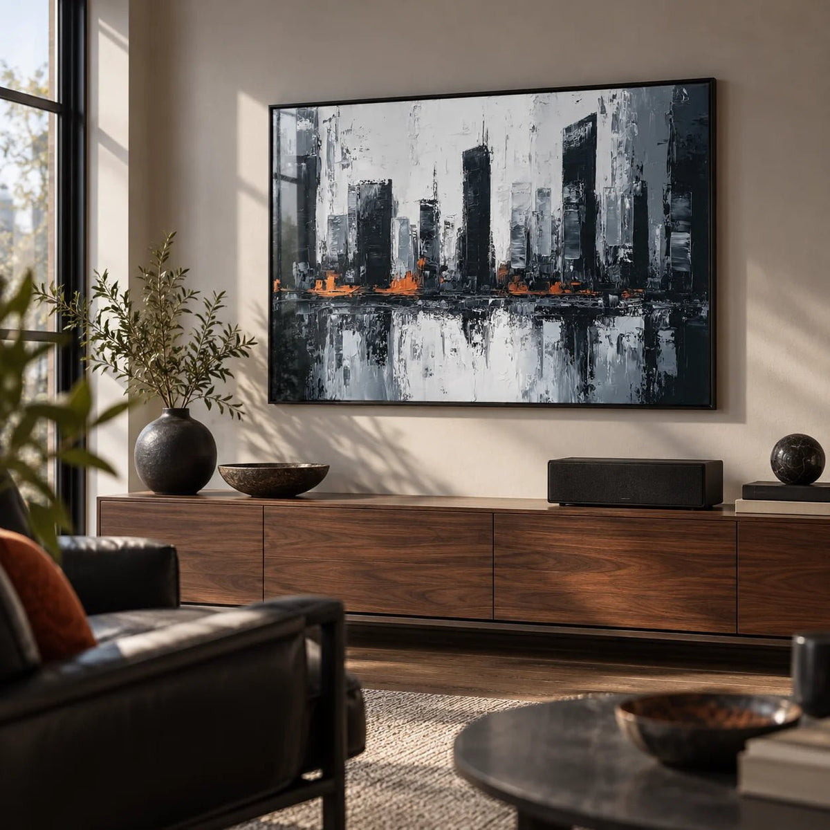 Abstract City Wall Art, framed on the wall of a stylish den in a living room