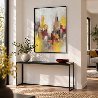 Abstract Cityscape Art Print, framed on the wall of a modern hallway with a white wall