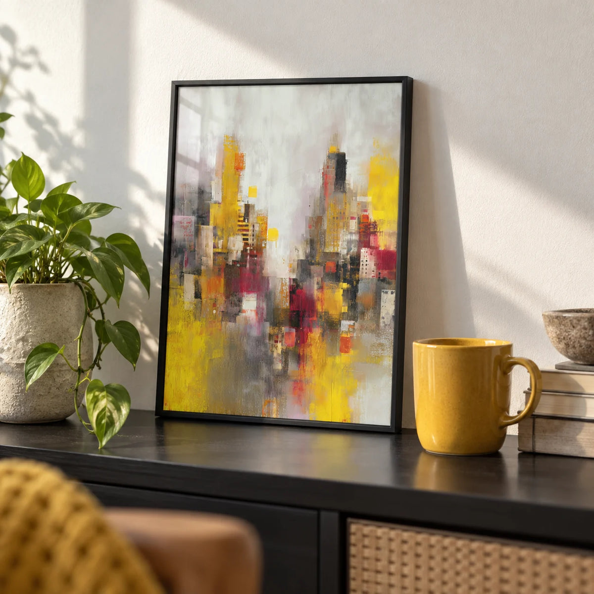 Abstract Cityscape Art Print, a small A4 framed print leaning on a black shelf in a living room
