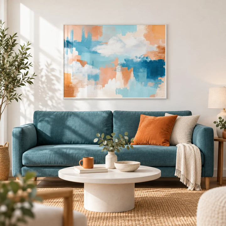 Abstract Cloud Print, framed on the wall of a bright modern living room with a white wall