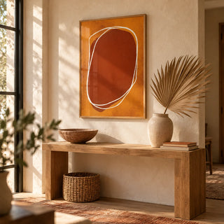 Abstract Earth Tone Wall Art, framed on the wall of a warm entrance hall with a plaster wall