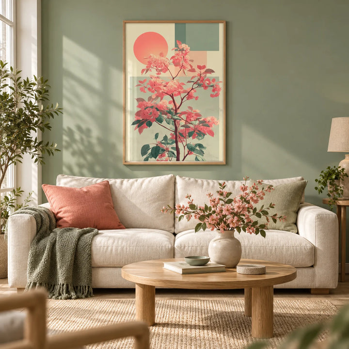 Abstract Flower Print, framed on the wall of a calm living room with a soft sage green wall and a pale oak floor