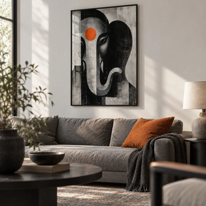 Abstract Ganesh Wall Art, framed on the wall of a calm modern living room