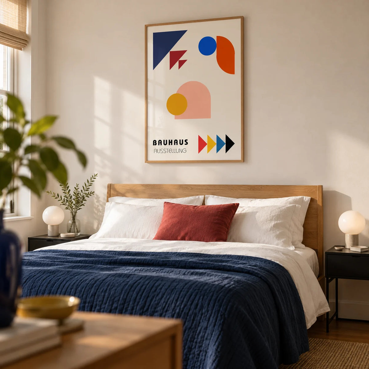 Abstract Geometric Art, framed on the wall of a crisp contemporary bedroom for a design-conscious couple (25-40) in a UK flat with a warm white wall