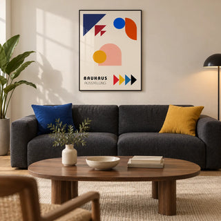 Abstract Geometric Art, framed on the wall of a modern living room in a design-led UK city flat with warm white walls and an oak floor
