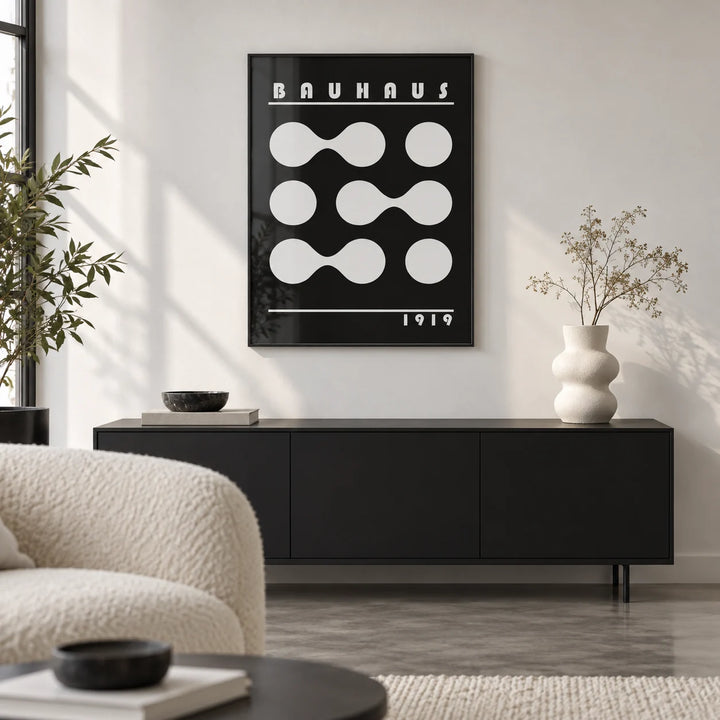 Abstract Geometric Print, framed on the wall of a design-led city flat living room with polished concrete floors and a white wall