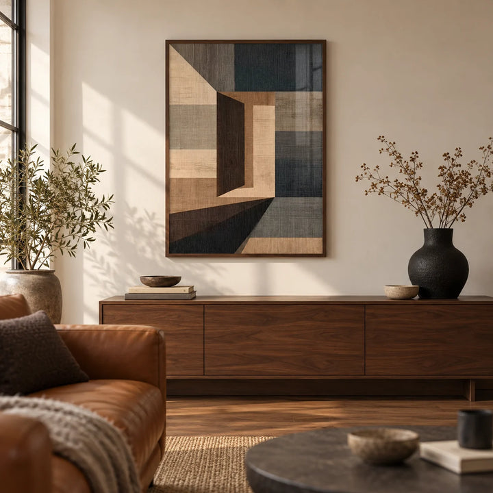 Abstract Geometric Wall Art, framed on the wall of a design-led living room with a warm white wall and a walnut floor