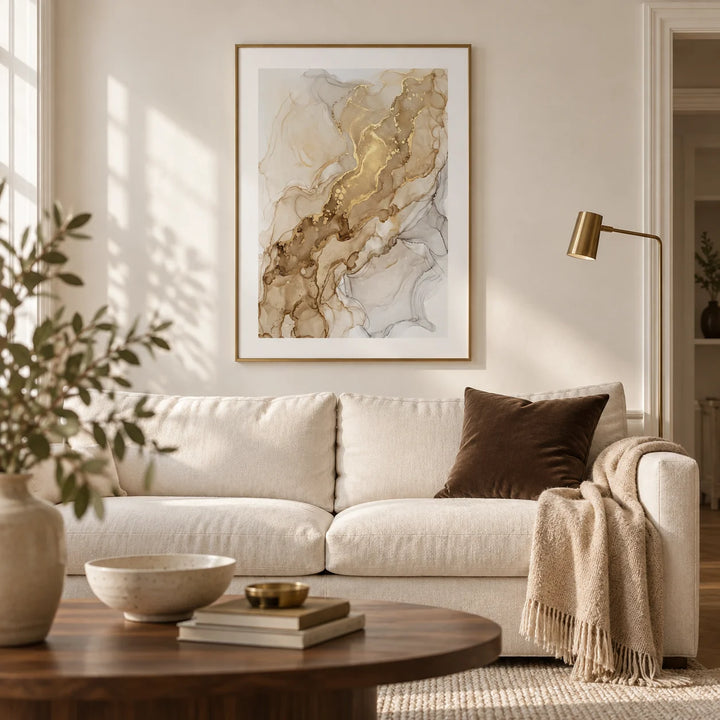 Abstract Gold Art Print, framed on the wall of a calm contemporary living room in a UK townhouse with warm white plaster walls and a walnut floor
