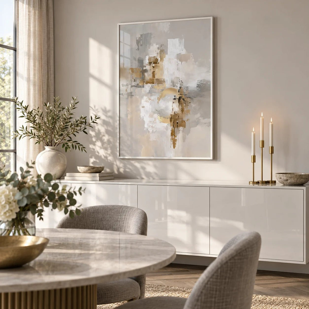 Abstract Gold Wall Art, framed on the wall of a elegant dining room