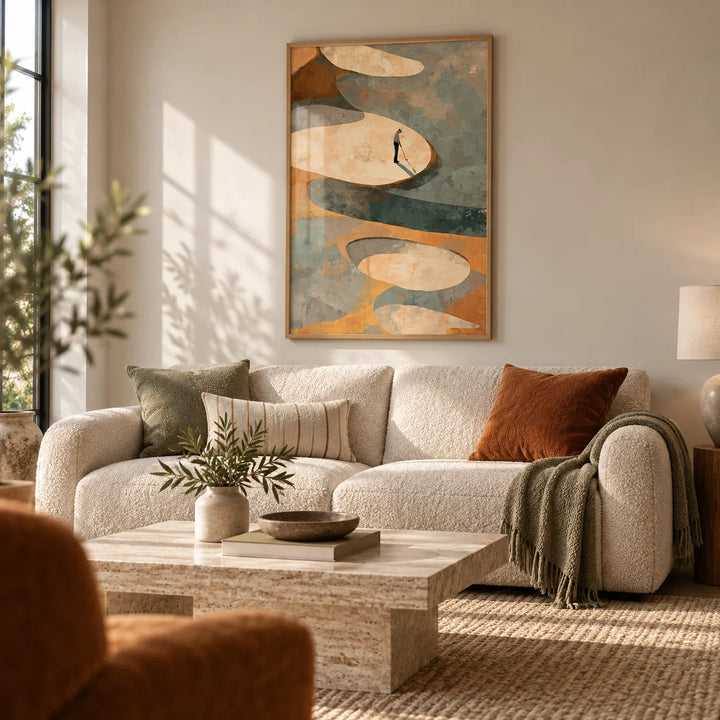 Abstract Golf Art Print, framed on the wall of a calm neutral living room