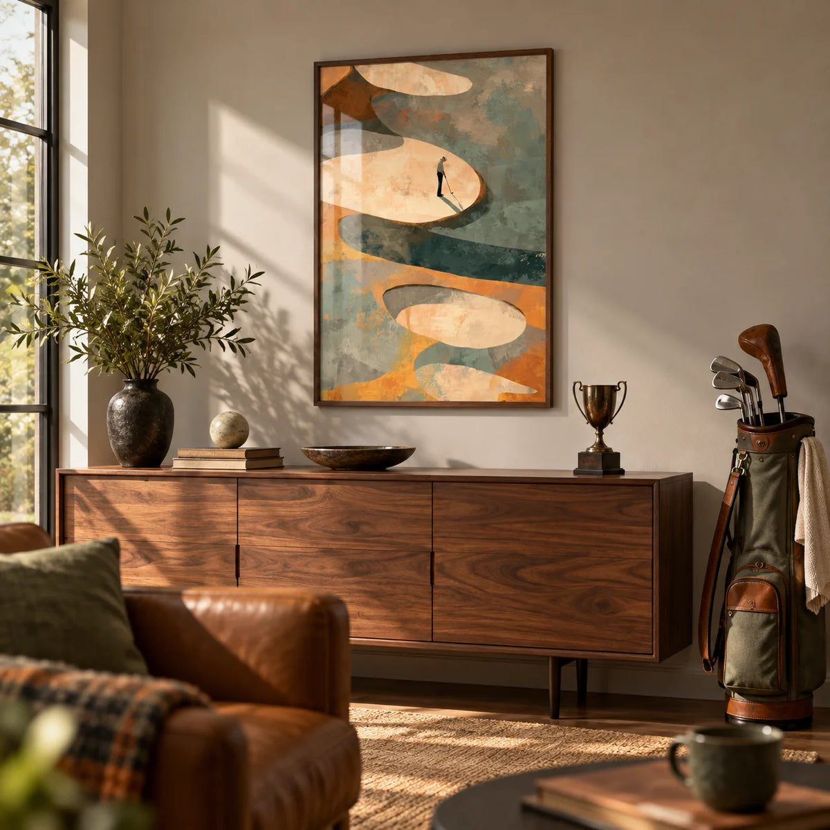 Abstract Golf Art Print, framed on the wall of a golfer's den in a living room