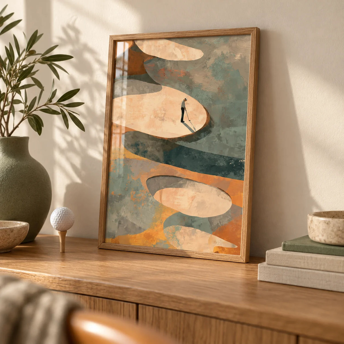 Abstract Golf Art Print, a small A4 framed print leaning on an oak shelf in a living room